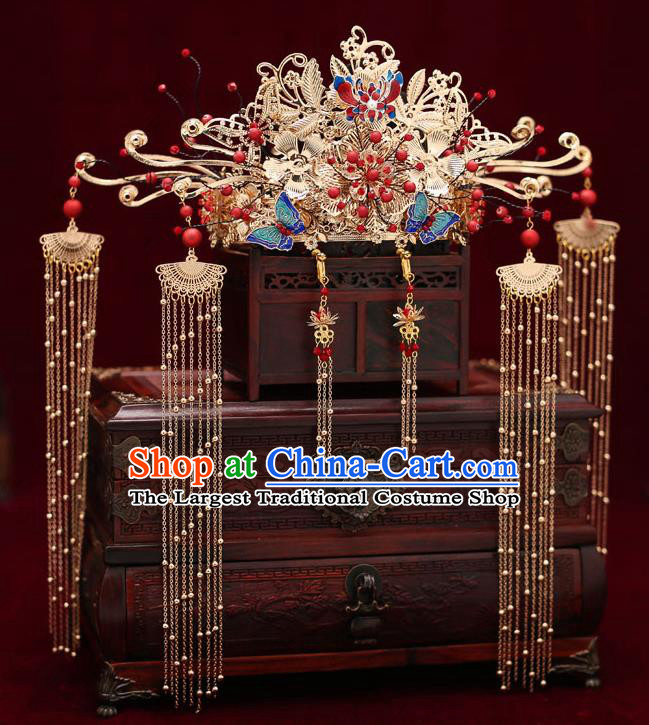 Top Chinese Traditional Blueing Butterfly Phoenix Coronet Wedding Bride Handmade Hairpins Hair Accessories Complete Set