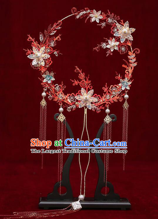 Chinese Traditional Wedding Red Branch Round Fan Ancient Bride Palace Fans for Women