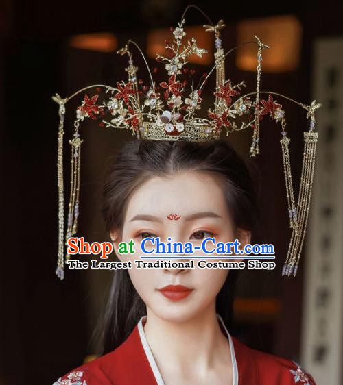 Top Chinese Traditional Bride Red Stars Phoenix Coronet Handmade Wedding Tassel Hairpins Hair Accessories Complete Set