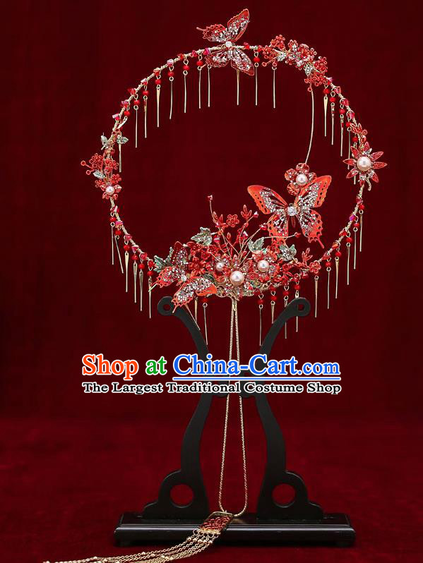 Chinese Traditional Wedding Red Butterfly Round Fan Ancient Bride Palace Fans for Women