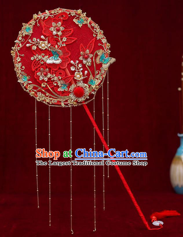 Chinese Traditional Wedding Long Handle Red Round Fan Ancient Bride Palace Fans for Women