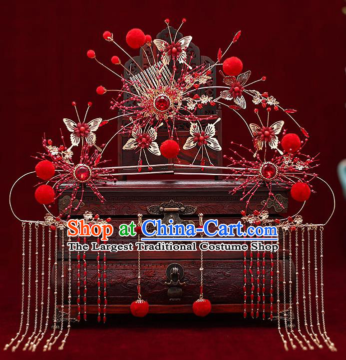 Top Chinese Traditional Bride Red Crystal Hair Comb Handmade Wedding Tassel Hairpins Hair Accessories Complete Set