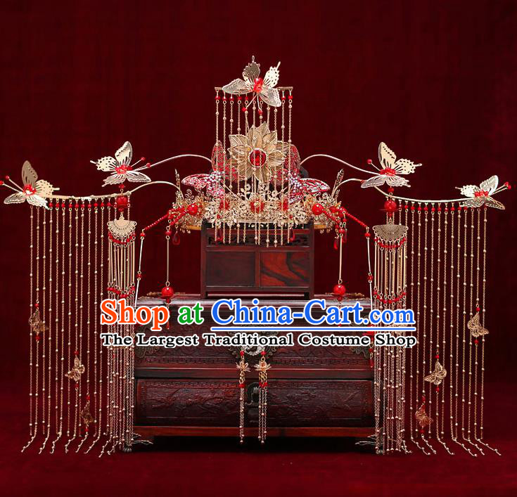 Top Chinese Traditional Bride Lotus Phoenix Coronet Handmade Hairpins Wedding Hair Accessories Complete Set
