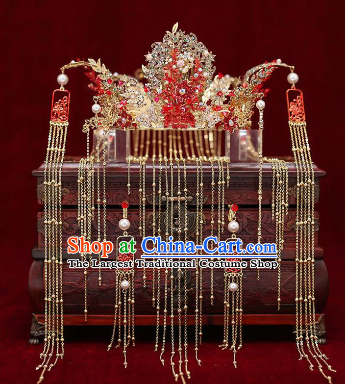 Top Chinese Traditional Bride Phoenix Coronet Handmade Hairpins Wedding Hair Accessories Complete Set