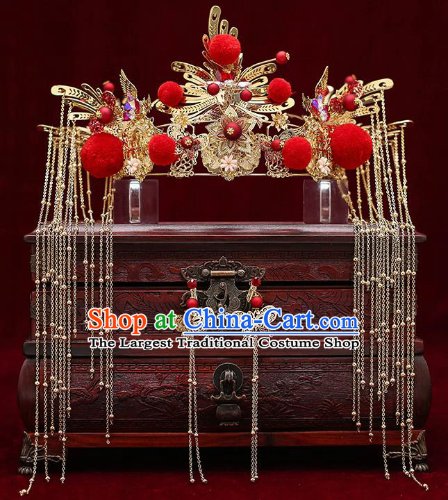 Top Chinese Traditional Bride Red Venonat Tassel Phoenix Coronet Handmade Wedding Tassel Hairpins Hair Accessories Complete Set