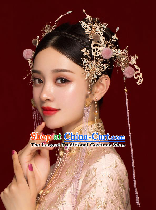 Top Chinese Traditional Bride Pink Venonat Tassel Hair Claws Handmade Hairpins Wedding Hair Accessories Complete Set