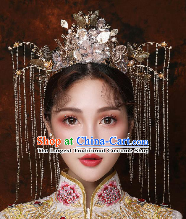 Top Chinese Traditional Bride Golden Hair Crown Handmade Hairpins Wedding Hair Accessories Complete Set