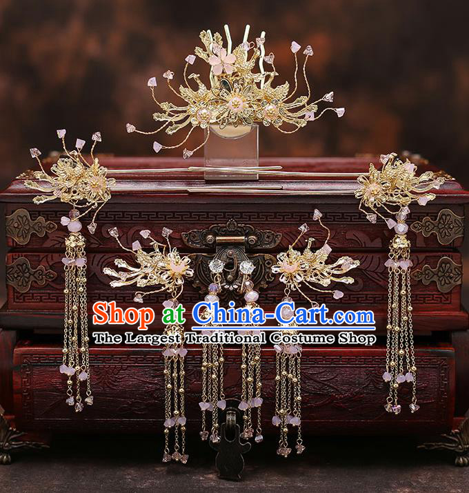 Top Chinese Traditional Bride Golden Hair Combs Handmade Tassel Hairpins Wedding Hair Accessories Complete Set