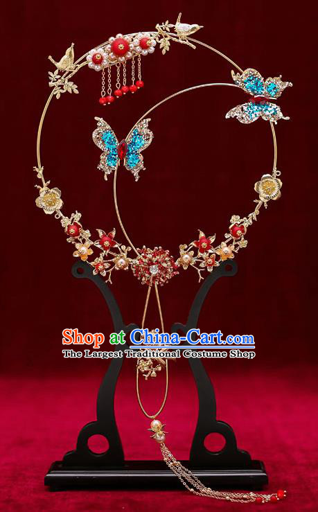 Chinese Traditional Wedding Prop Blue Crystal Butterfly Round Fan Ancient Bride Palace Fans for Women