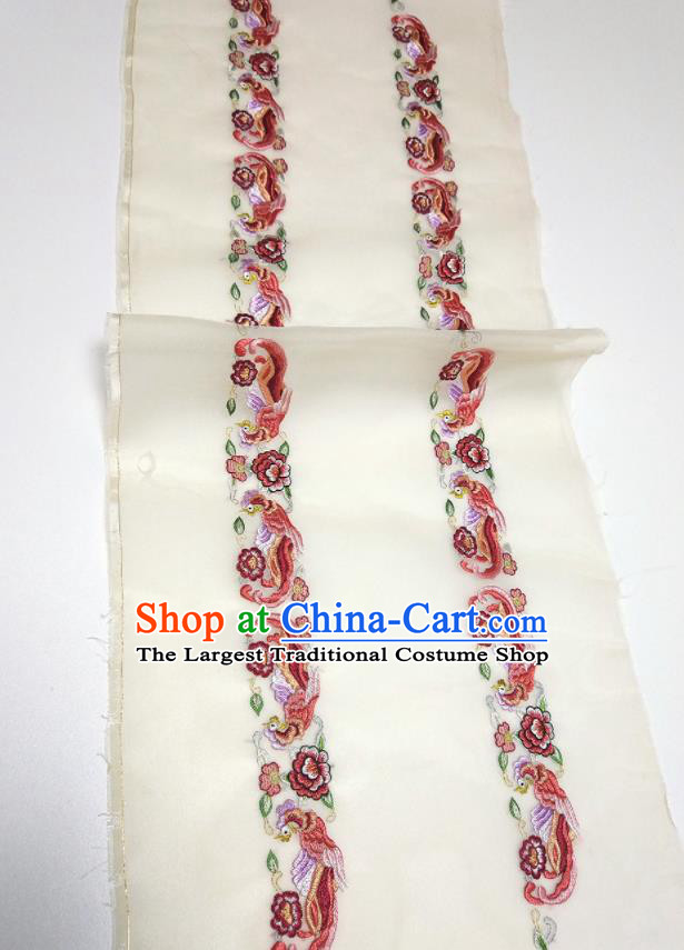 Asian Chinese Traditional Embroidered Phoenix Peony Pattern Design Beige Silk Fabric China Hanfu Silk Material