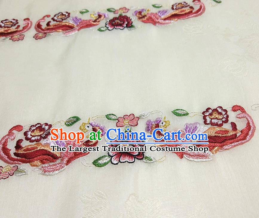 Asian Chinese Traditional Embroidered Phoenix Peony Pattern Design Light Yellow Silk Fabric China Hanfu Silk Material