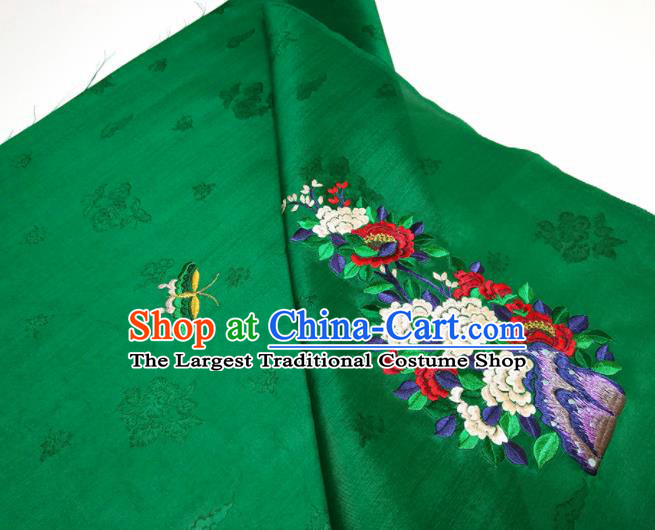 Asian Chinese Traditional Embroidered Peony Butterfly Pattern Design Green Silk Fabric China Hanfu Silk Material