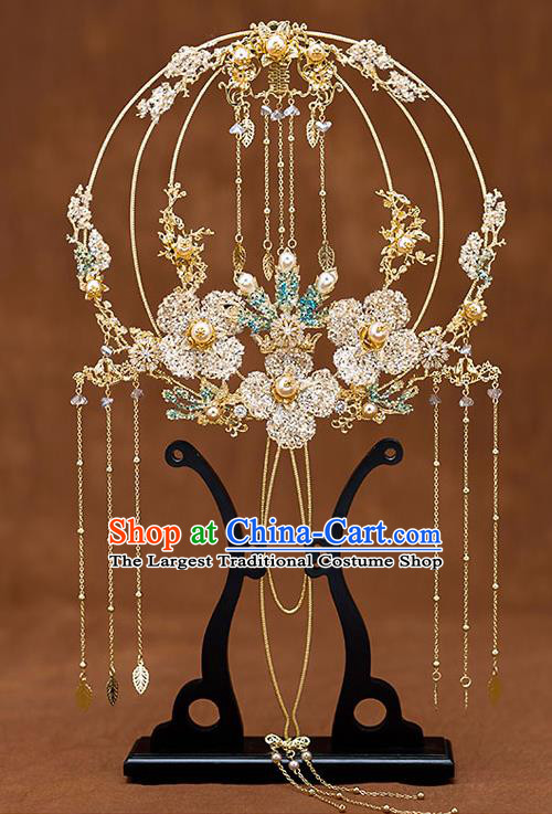 Chinese Traditional Wedding Prop Golden Flowers Tassel Round Fan Ancient Bride Palace Fans for Women