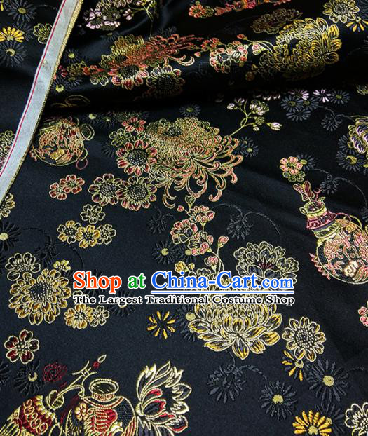 Asian Chinese Traditional Chrysanthemum Pattern Design Black Brocade Silk Fabric China Hanfu Satin Material