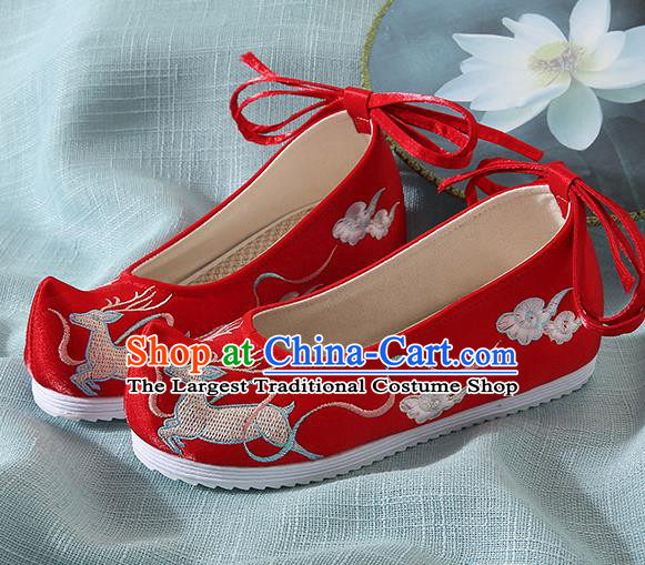 Chinese Handmade Embroidered Deer Red Bow Shoes Traditional Ming Dynasty Hanfu Shoes Princess Shoes for Women