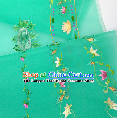 Chinese Traditional Embroidered Peony Pattern Design Green Silk Fabric Asian China Hanfu Silk Material