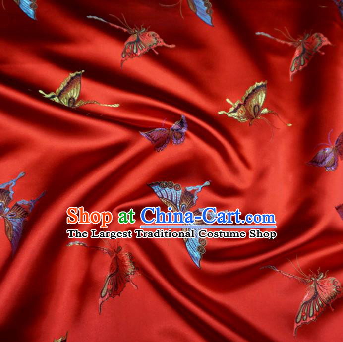 Chinese Traditional Colorful Butterfly Pattern Design Red Brocade Fabric Asian Satin China Hanfu Silk Material