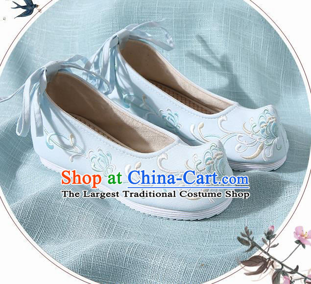 Chinese Handmade Embroidered Chrysanthemum Blue Bow Shoes Traditional Ming Dynasty Hanfu Shoes Princess Shoes for Women