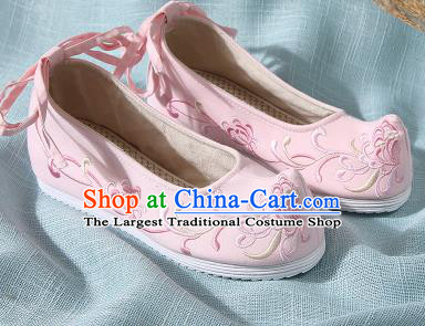 Chinese Handmade Embroidered Chrysanthemum Pink Bow Shoes Traditional Ming Dynasty Hanfu Shoes Princess Shoes for Women