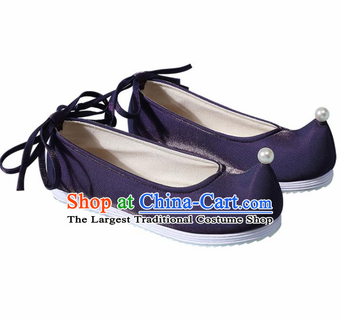 Chinese Handmade Pearl Navy Shoes Traditional Ming Dynasty Hanfu Shoes Princess Shoes for Women