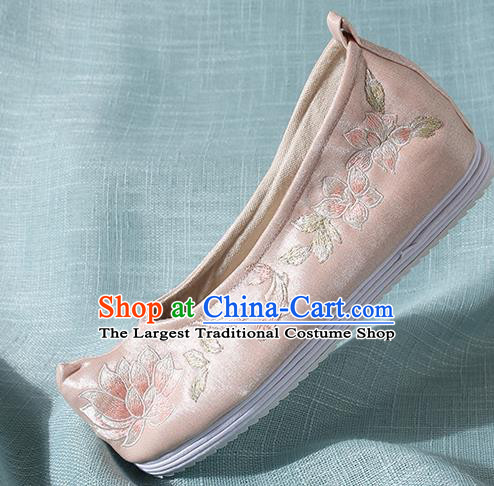 Chinese Handmade Embroidered Lotus Pink Bow Shoes Traditional Ming Dynasty Hanfu Shoes Princess Shoes for Women