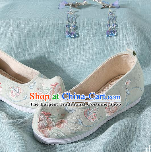 Chinese Handmade Embroidered Peony Butterfly Light Green Bow Shoes Traditional Ming Dynasty Hanfu Shoes Princess Shoes for Women