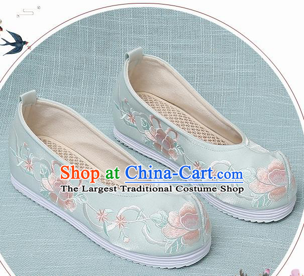 Chinese Handmade Embroidered Peony Light Green Bow Shoes Traditional Ming Dynasty Hanfu Shoes Princess Shoes for Women