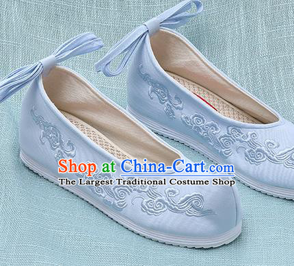 Chinese Handmade Embroidered Cloud Blue Bow Shoes Traditional Ming Dynasty Hanfu Shoes Princess Shoes for Women