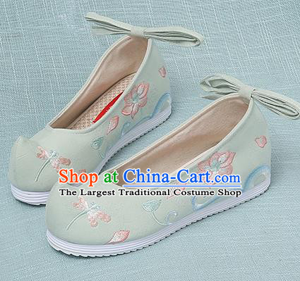 Chinese Handmade Embroidered Dragonfly Lotus Light Green Bow Shoes Traditional Ming Dynasty Hanfu Shoes Princess Shoes for Women