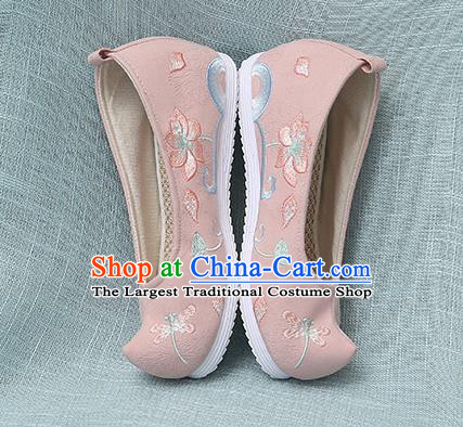 Chinese Handmade Embroidered Dragonfly Lotus Pink Bow Shoes Traditional Ming Dynasty Hanfu Shoes Princess Shoes for Women