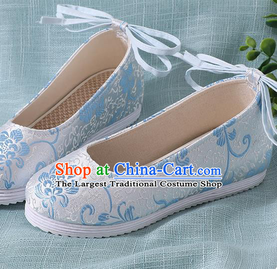 Chinese Handmade Blue Brocade Shoes Traditional Ming Dynasty Hanfu Shoes Princess Shoes for Women