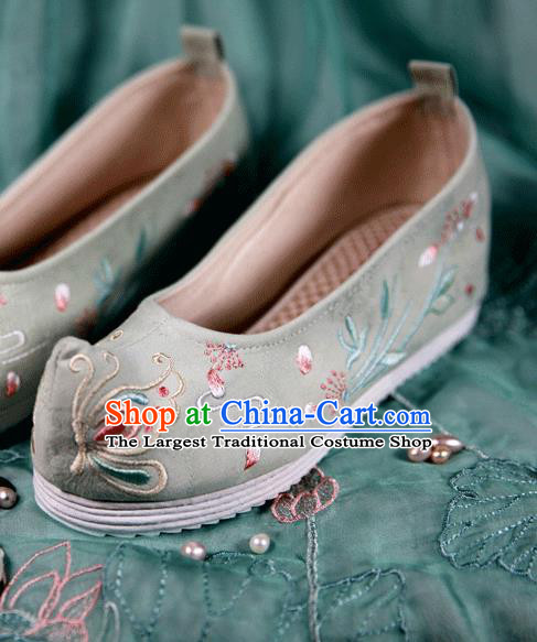 Chinese Handmade Embroidered Dandelion Butterfly Light Green Bow Shoes Traditional Ming Dynasty Hanfu Shoes Princess Shoes for Women