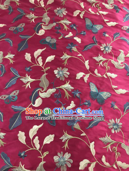 Chinese Traditional Embroidered Grass Butterfly Pattern Design Rosy Silk Fabric Asian China Hanfu Silk Material