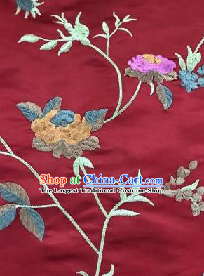 Chinese Traditional Embroidered Vine Flowers Pattern Design Purplish Red Silk Fabric Asian China Hanfu Silk Material