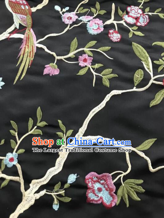 Chinese Traditional Embroidered Begonia Birds Pattern Design Black Silk Fabric Asian China Hanfu Silk Material