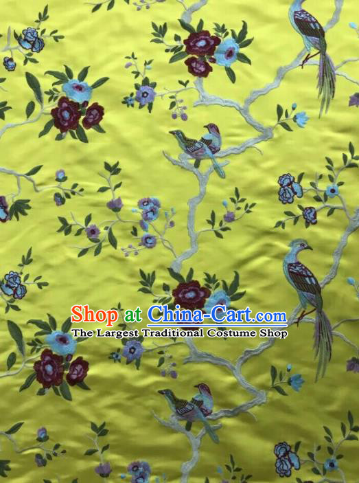 Chinese Traditional Embroidered Begonia Birds Pattern Design Yellow Silk Fabric Asian China Hanfu Silk Material