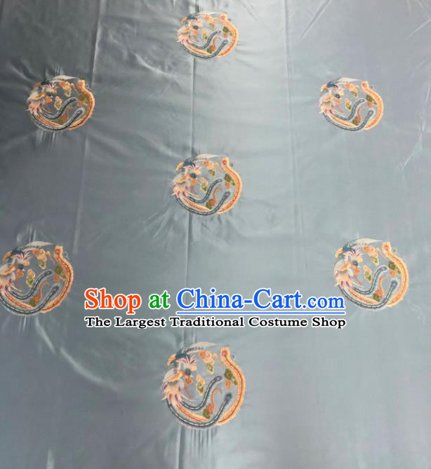 Chinese Traditional Embroidered Round Phoenix Pattern Design Light Blue Silk Fabric Asian China Hanfu Silk Material