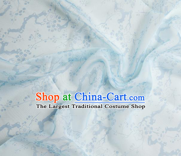 Chinese Traditional Plum Pattern Design Blue Chiffon Fabric Asian Satin China Hanfu Material