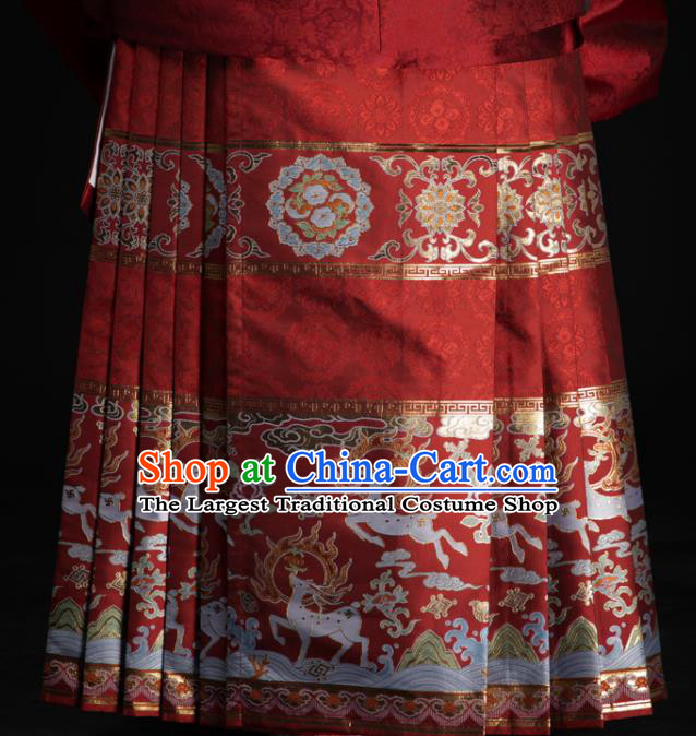 Chinese Traditional Colorful Deer Pattern Design Red Brocade Fabric Asian China Satin Hanfu Material