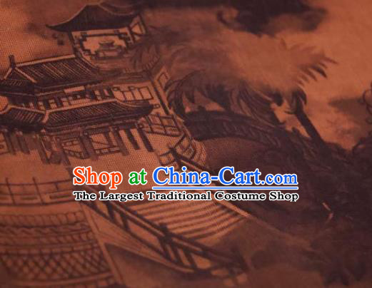 Chinese Traditional Pavilion Pattern Design Brownness Silk Fabric Asian China Hanfu Mulberry Silk Material