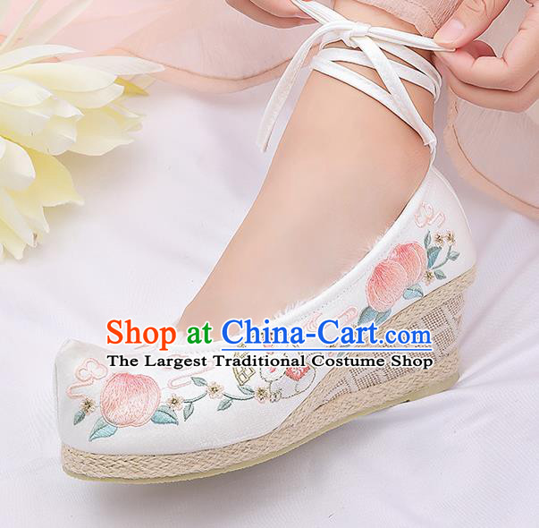 Asian Chinese Winter White Wedge Heel Shoes Embroidered Peach Rabbit Shoes Traditional Opera Shoes Hanfu Shoes for Women