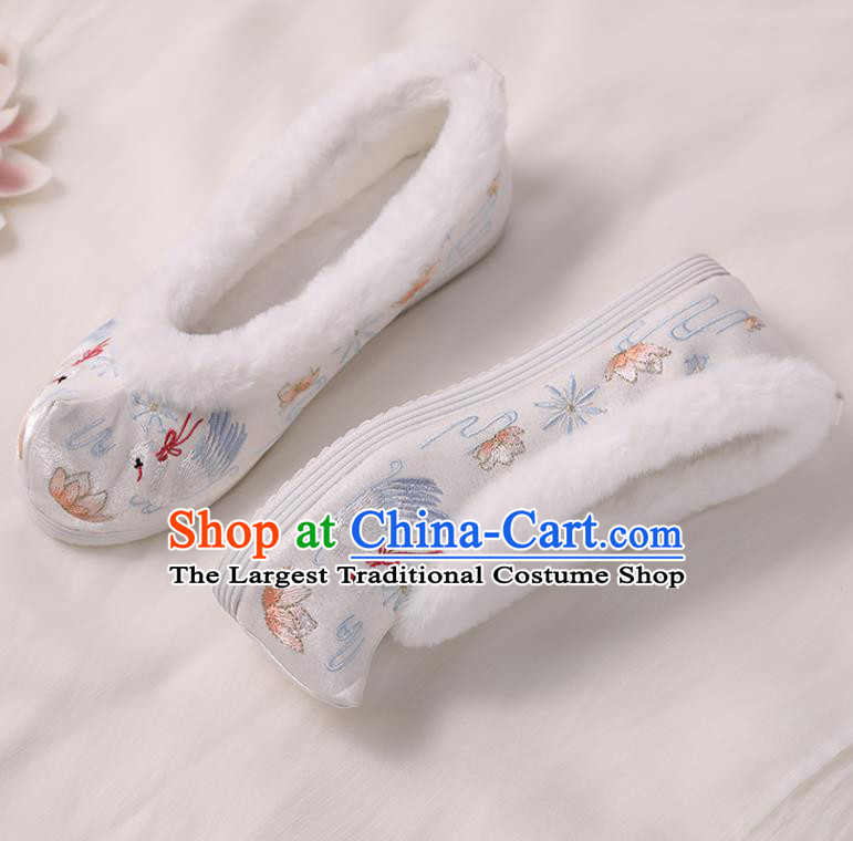 Asian Chinese Winter White Bow Shoes Embroidered Swan Shoes Traditional Opera Shoes Hanfu Shoes for Women