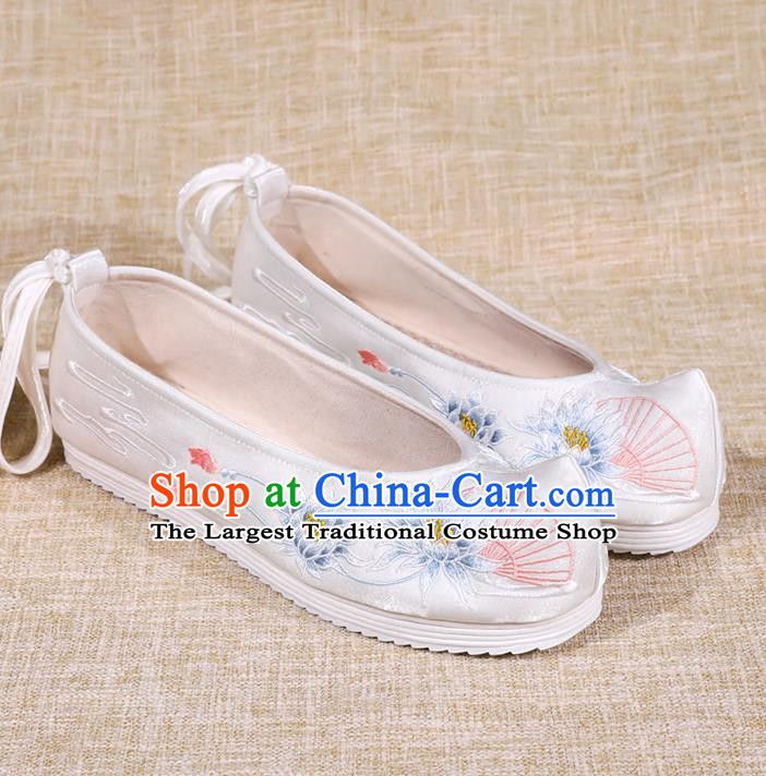 Asian Chinese White Bow Shoes Embroidered Epiphyllum Shoes Traditional Opera Shoes Hanfu Shoes for Women