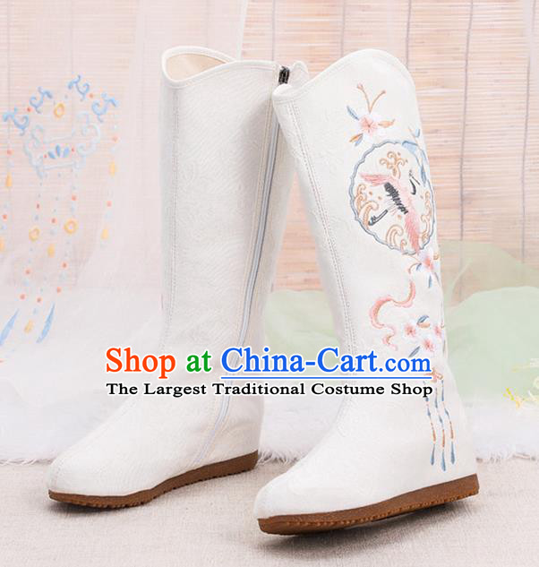 Asian Chinese Embroidered Crane White Boots Traditional Opera Boots Hanfu Shoes for Women