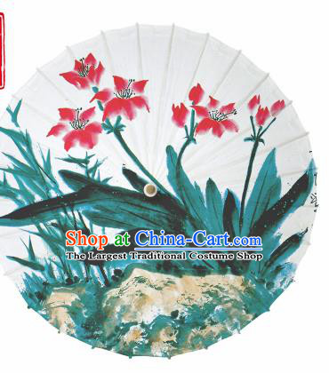 Chinese Traditional Printing Orchids White Oil Paper Umbrella Artware Paper Umbrella Classical Dance Umbrella Handmade Umbrellas