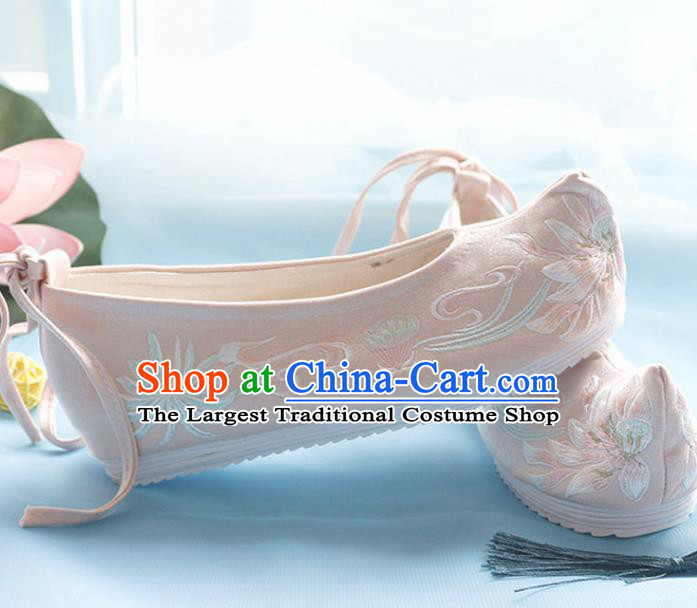 Asian Chinese Embroidered Lotus Pink Bow Shoes Hanfu Shoes Traditional Opera Shoes Princess Shoes for Women