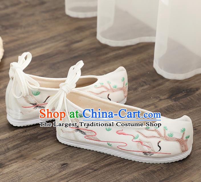 Asian Chinese Embroidered Pine Crane White Bow Shoes Hanfu Shoes Traditional Opera Shoes Princess Shoes for Women