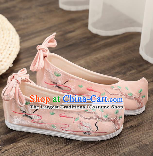 Asian Chinese Embroidered Pine Crane Pink Bow Shoes Hanfu Shoes Traditional Opera Shoes Princess Shoes for Women