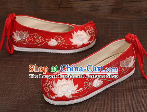 Asian Chinese Embroidered Lotus Red Bow Shoes Hanfu Shoes Traditional Opera Shoes Princess Shoes for Women