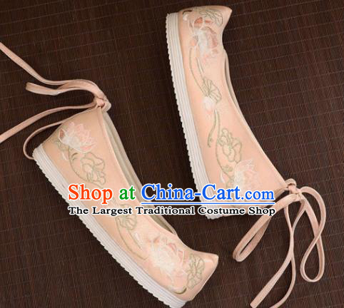 Asian Chinese Embroidered Lotus Pink Bow Shoes Hanfu Shoes Traditional Opera Shoes Princess Shoes for Women